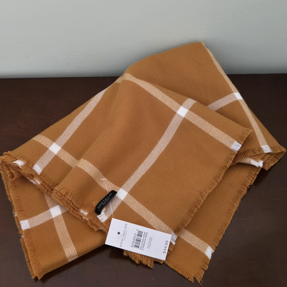 Ann Taylor LOFT Mustard Yellow And White Plaid Scarf 35 x 27 NWT